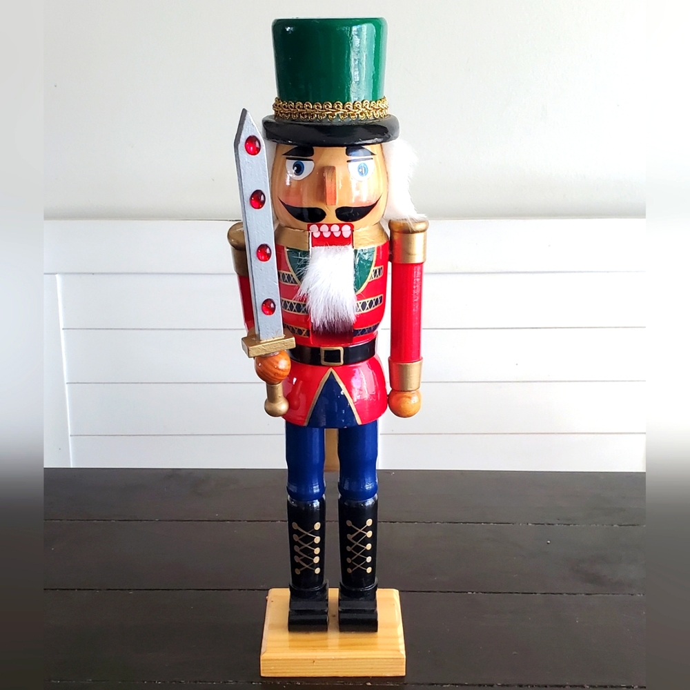 Nutcracker Soldier with Sword  Christmas  Wooden Red Blue Beard Santa 15"